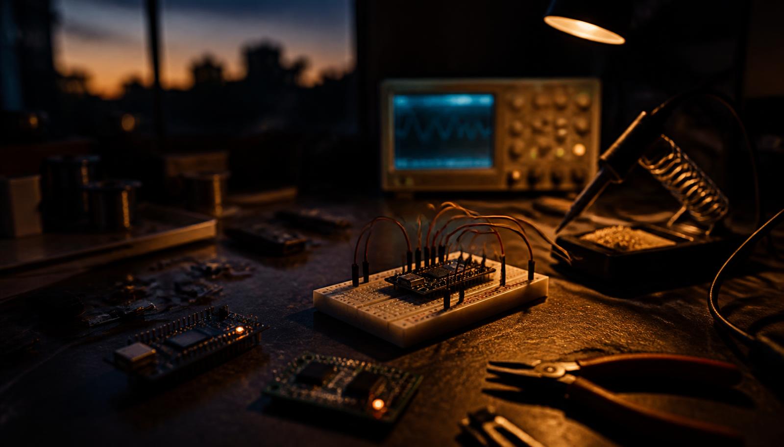 Electronics workbench with microcontroller boards and tools